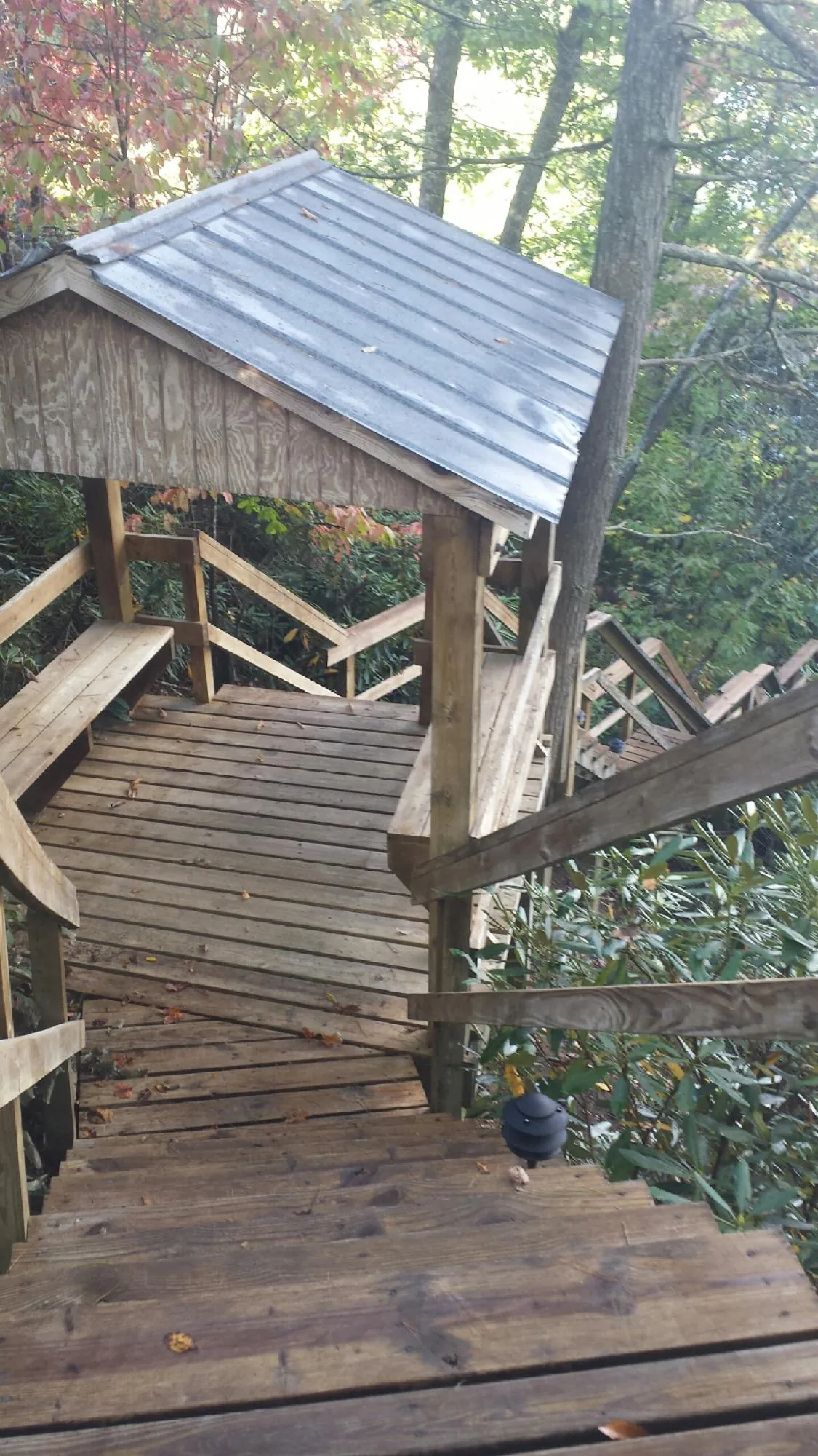 Metal roofed shelter over wooden steps on a wooded walkway — Skylight Repair & Installation work by our crew in Bates City